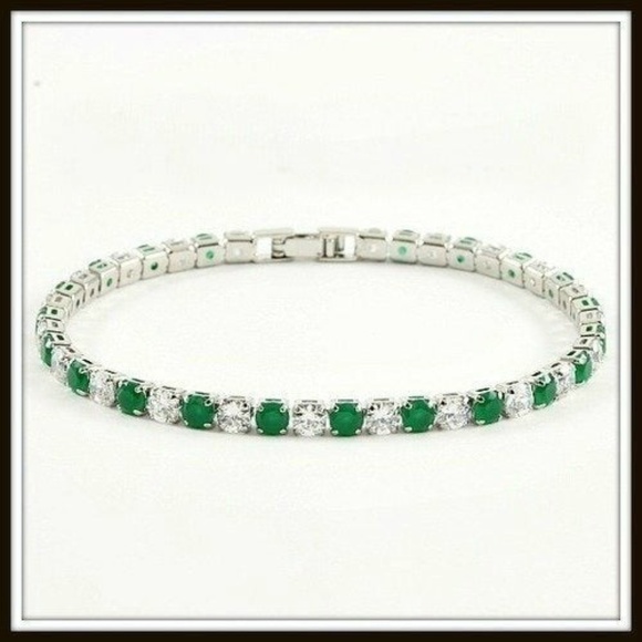 3.50ctw Emerald & White Sapphire Tennis Bracelet - Picture 2 of 5